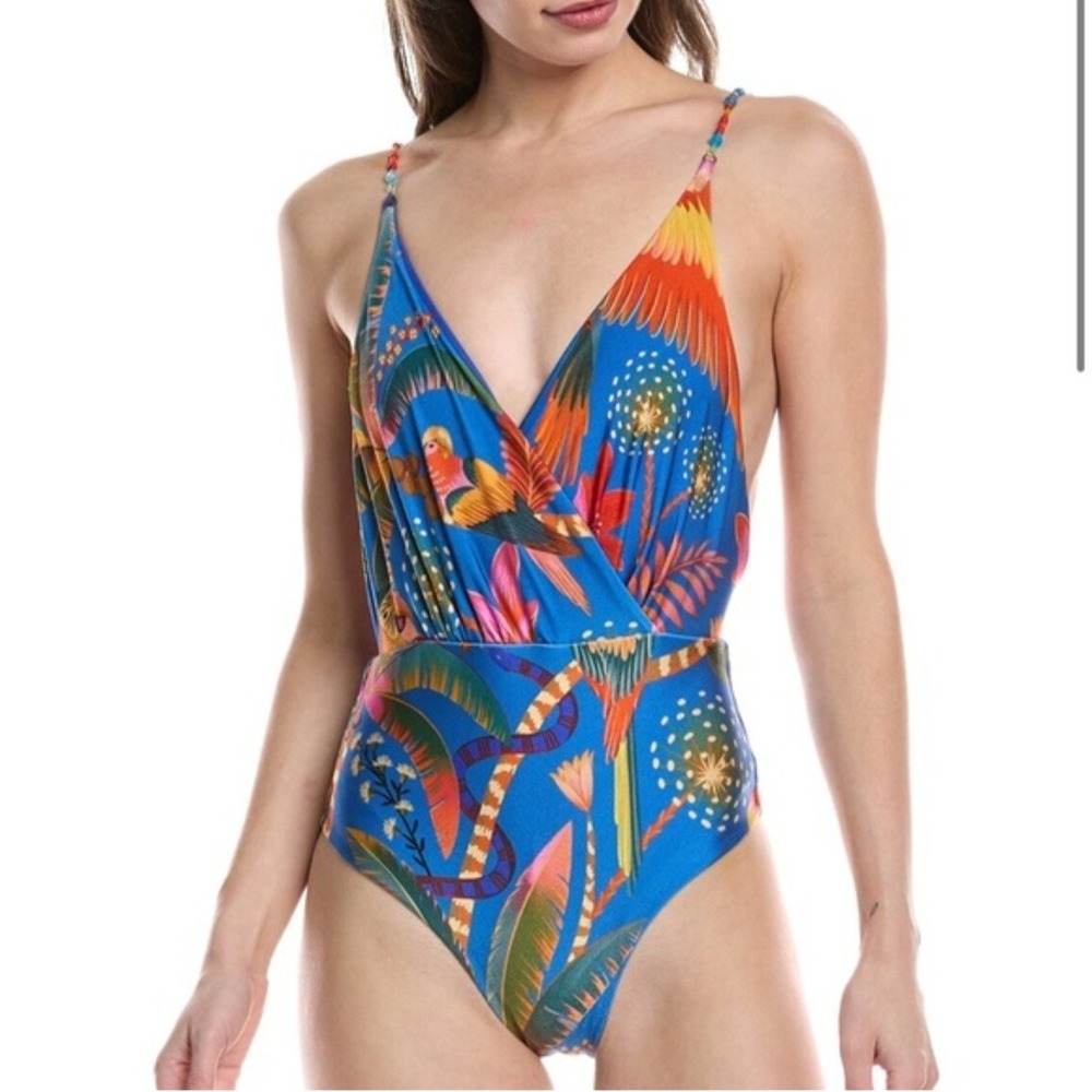 Farm Rio Macaw Party Blue One Piece Swimsuit Beaded Straps Tropical Parrot L New